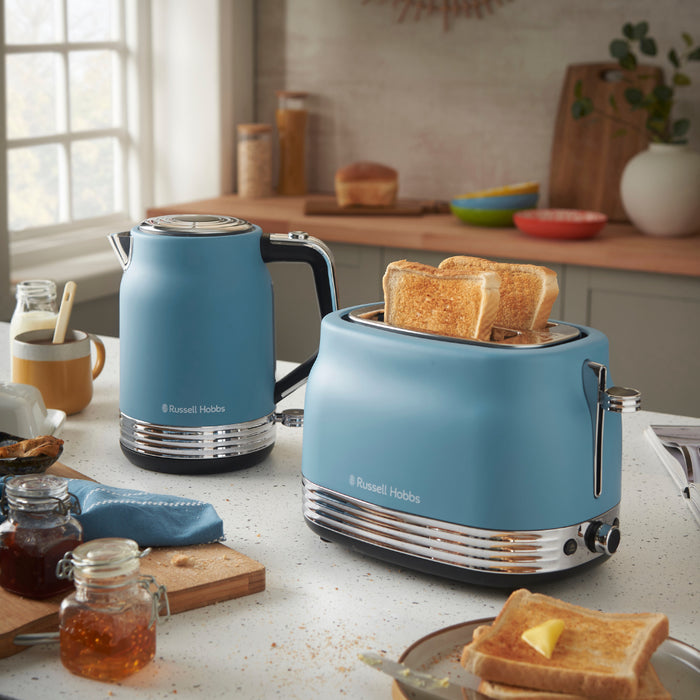 Russell Hobbs Hanley Kettle, 2 Slice Toaster & Digital Microwave Kitchen Set (Retro Blue)