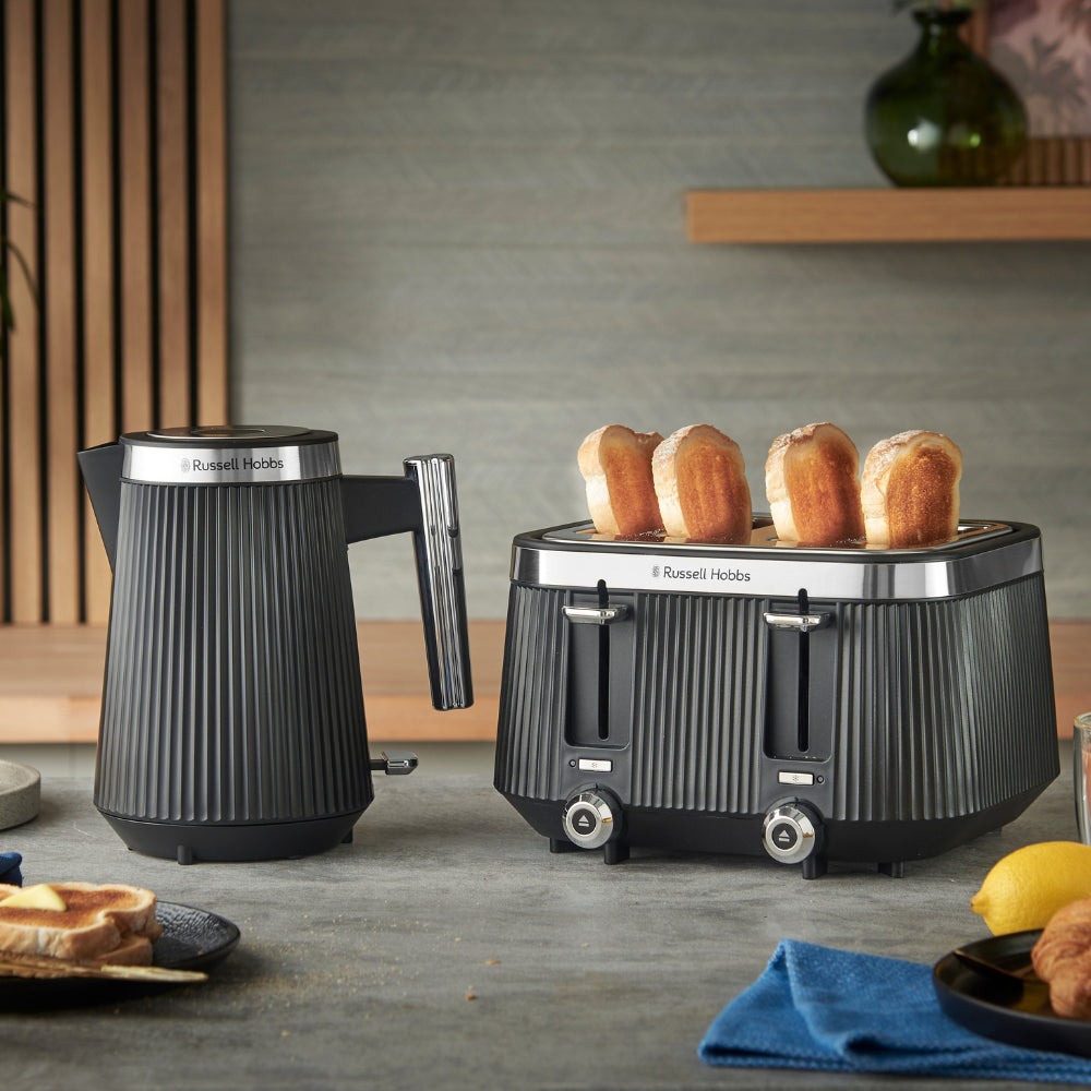 Russell Hobbs Bronte Kettle, 4 Slice Toaster & Digital Microwave Kitchen Set (Black)