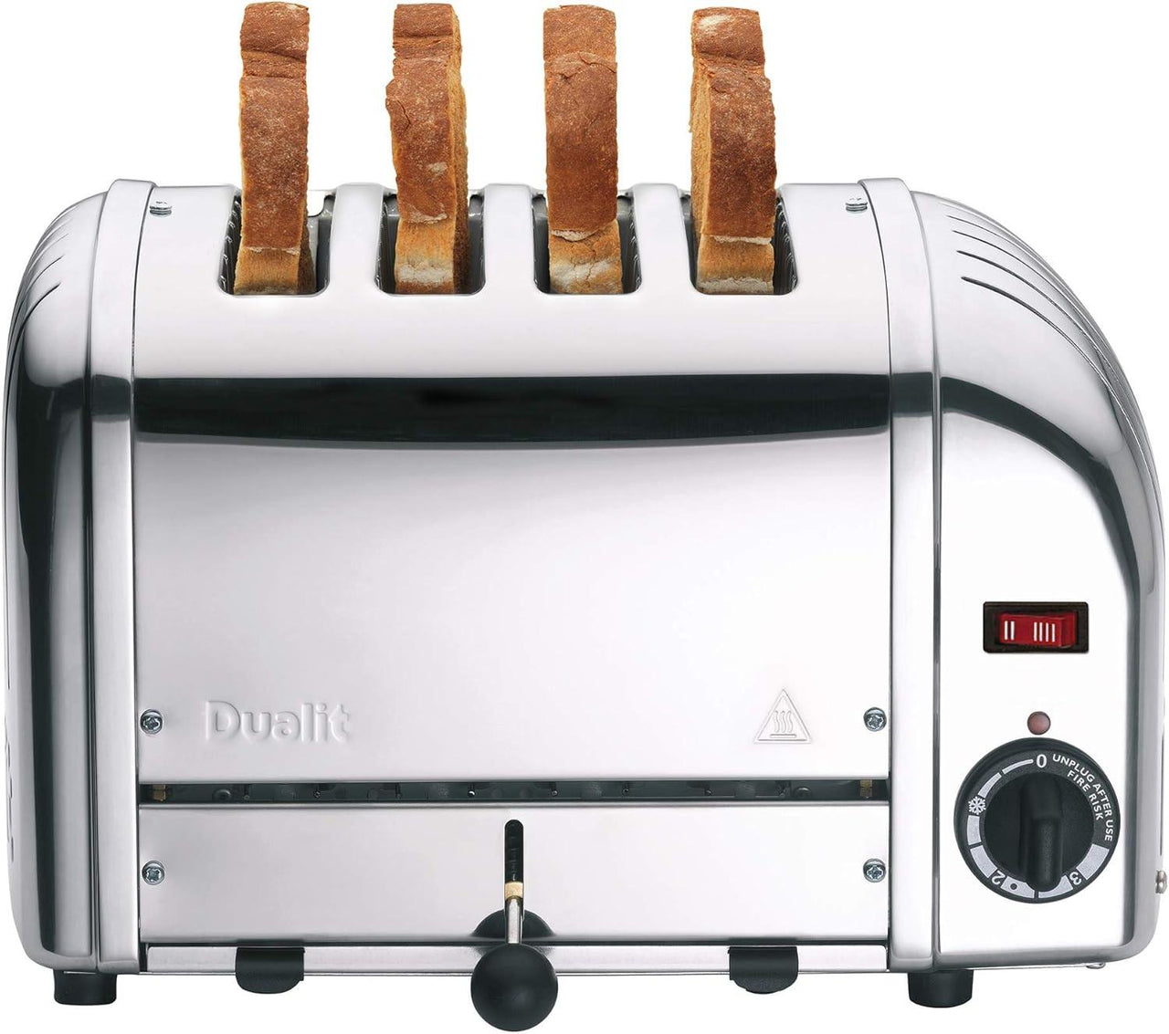 Stainless steel 4-slice toaster with lever, dial controls, and four toasting slots