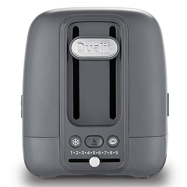 Grey 2-slice toaster front view with two slots and control dial area