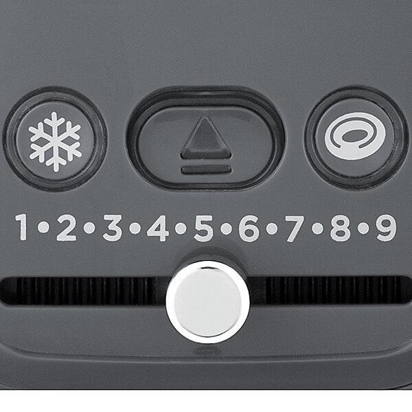 Grey toaster control panel with three buttons and numbered browning settings