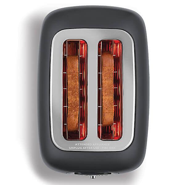 Grey 2-slice toaster with glowing heating elements visible through the front window