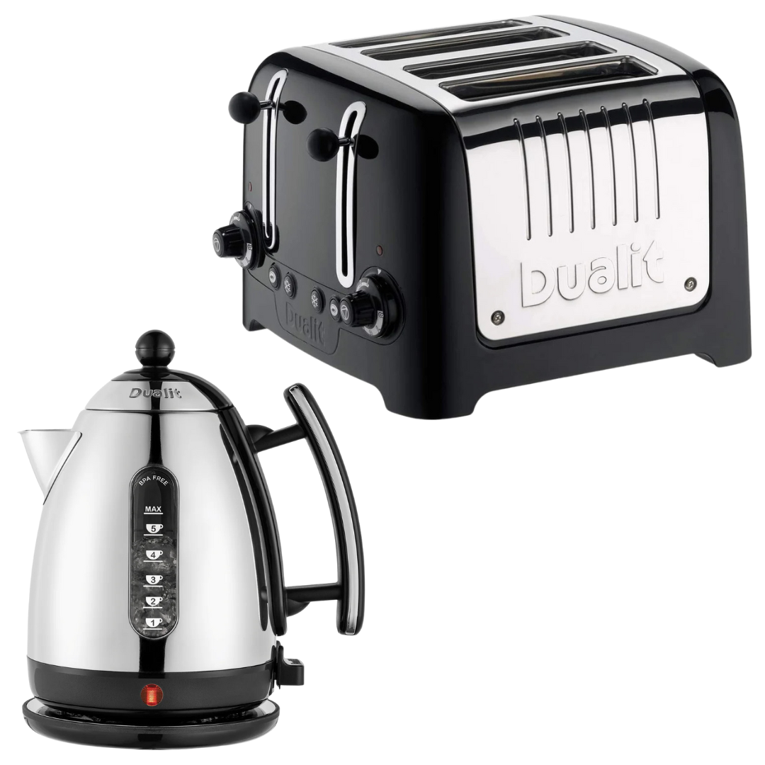 Dualit Lite Kettle & 4 Slice Toaster Matching Kitchen Set (Black Trims)