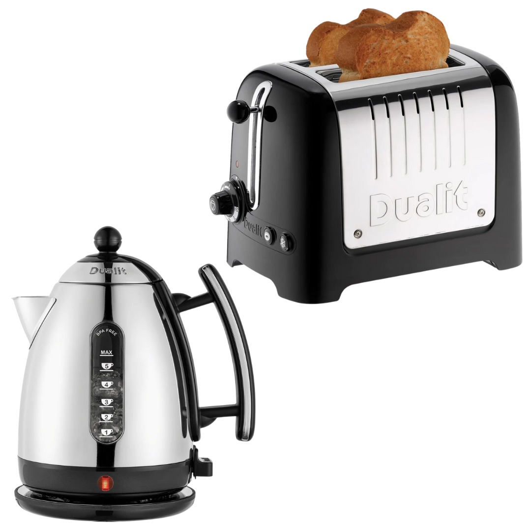 Dualit Lite Kettle & 2 Slice Toaster Matching Kitchen Set (Black Trims)