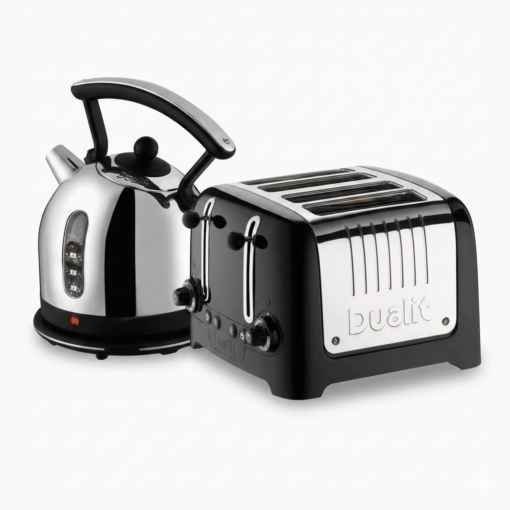 Black toaster and silver kettle with 'Dualit' branding on a white background