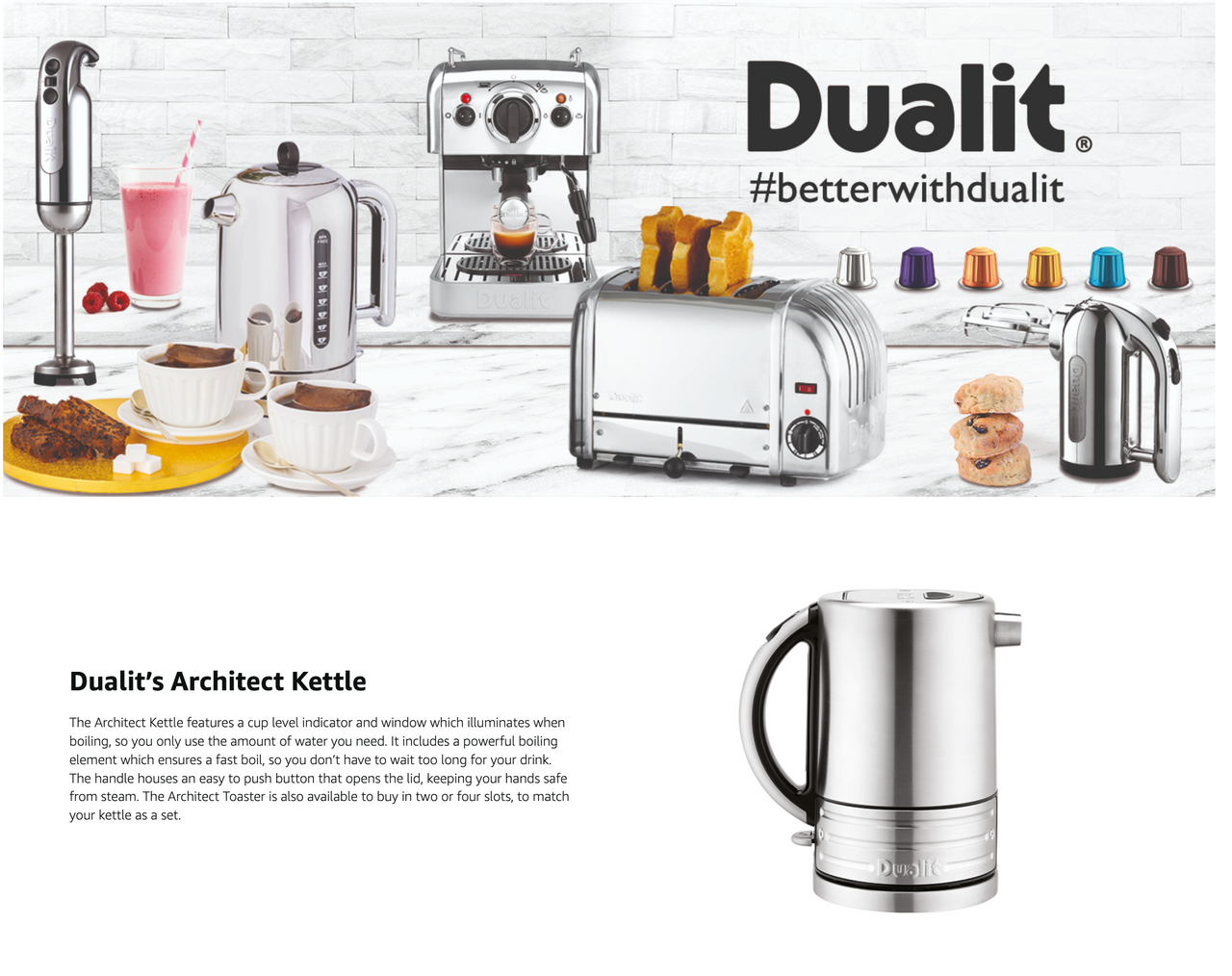 Stainless steel electric kettle with black handle and grey trim, Architect jug kettle