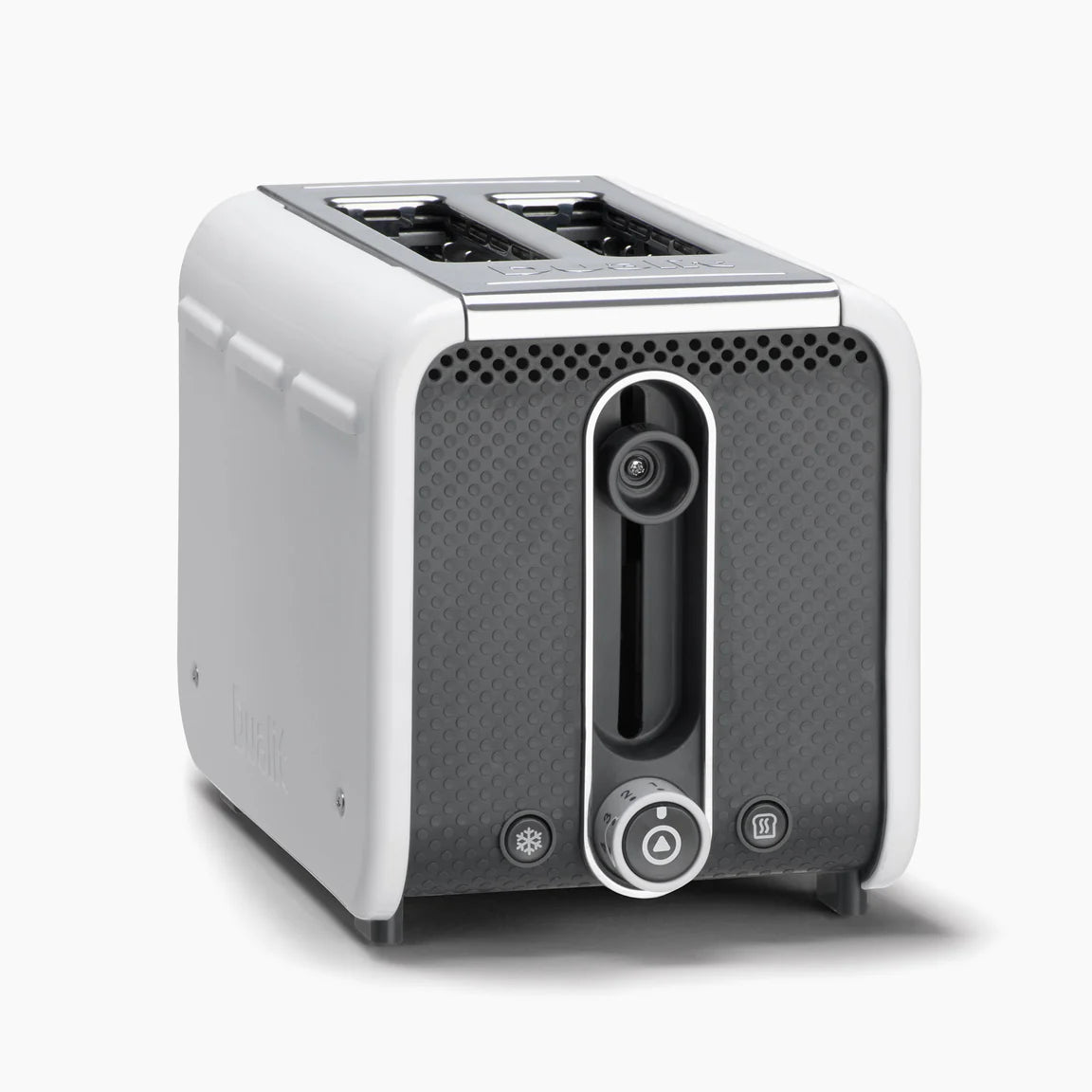 Modern toaster with a white and black design on a white background