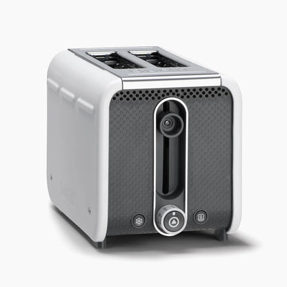 Modern toaster with a white and black design on a white background