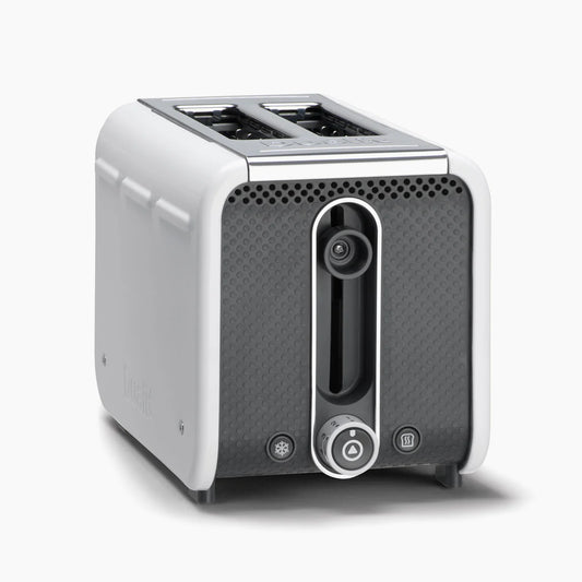 Modern toaster with a white and black design on a white background
