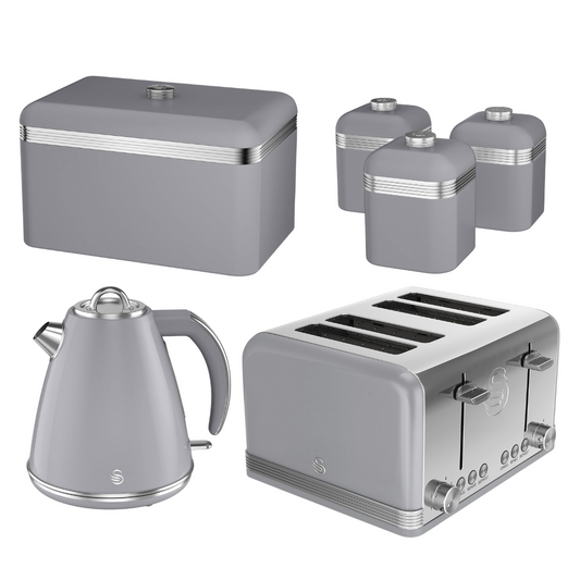 Swan Retro Grey Kettle, 4 Slice Toaster, Bread Bin & Canisters Kitchen Set