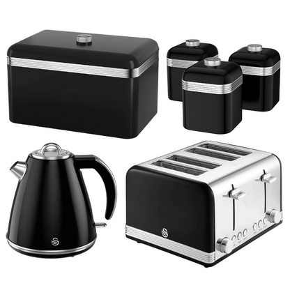 Swan Retro Black Kettle, 4 Slice Toaster, Bread Bin & Canisters Kitchen Set