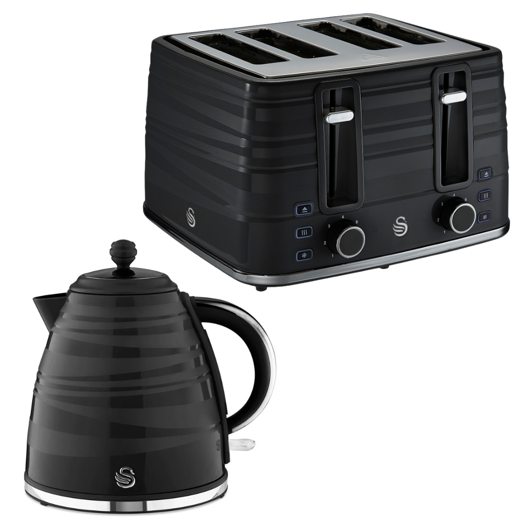 Swan Symphony Kettle & 4 Slice Toaster Kitchen Set (Black)