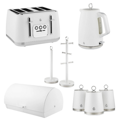 The Swan Serenity White Kettle, 4 Slice Toaster, Bread Bin Canisters, Towel Pole and Mug Tree Kitchen Set