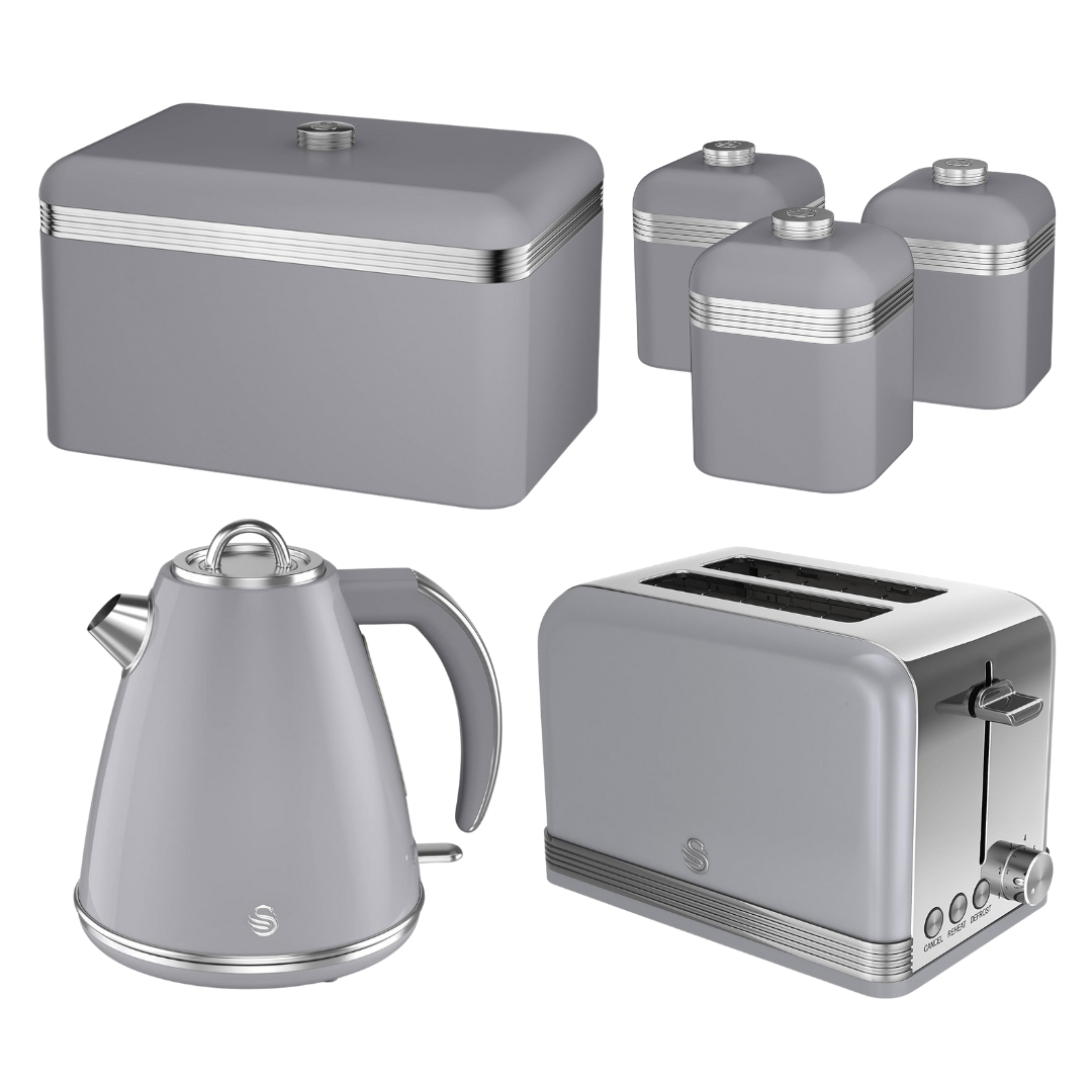 Swan Retro Grey Kettle, 2 Slice Toaster, Bread Bin & Canisters Kitchen Set