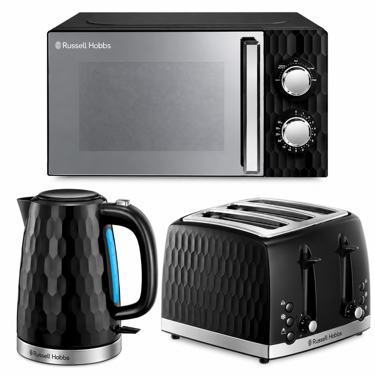 Russell Hobbs Honeycomb Kettle, 4 Slice Toaster & Manual Microwave Kitchen Set (Black)