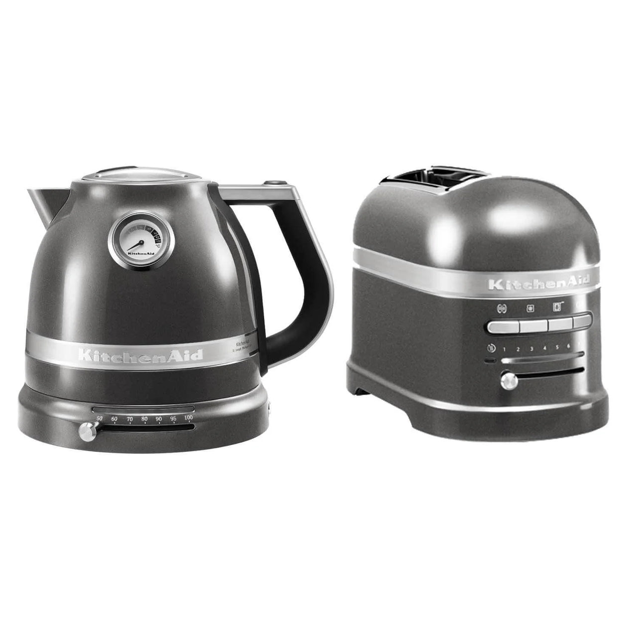 Gray KitchenAid kettle and toaster on a white background