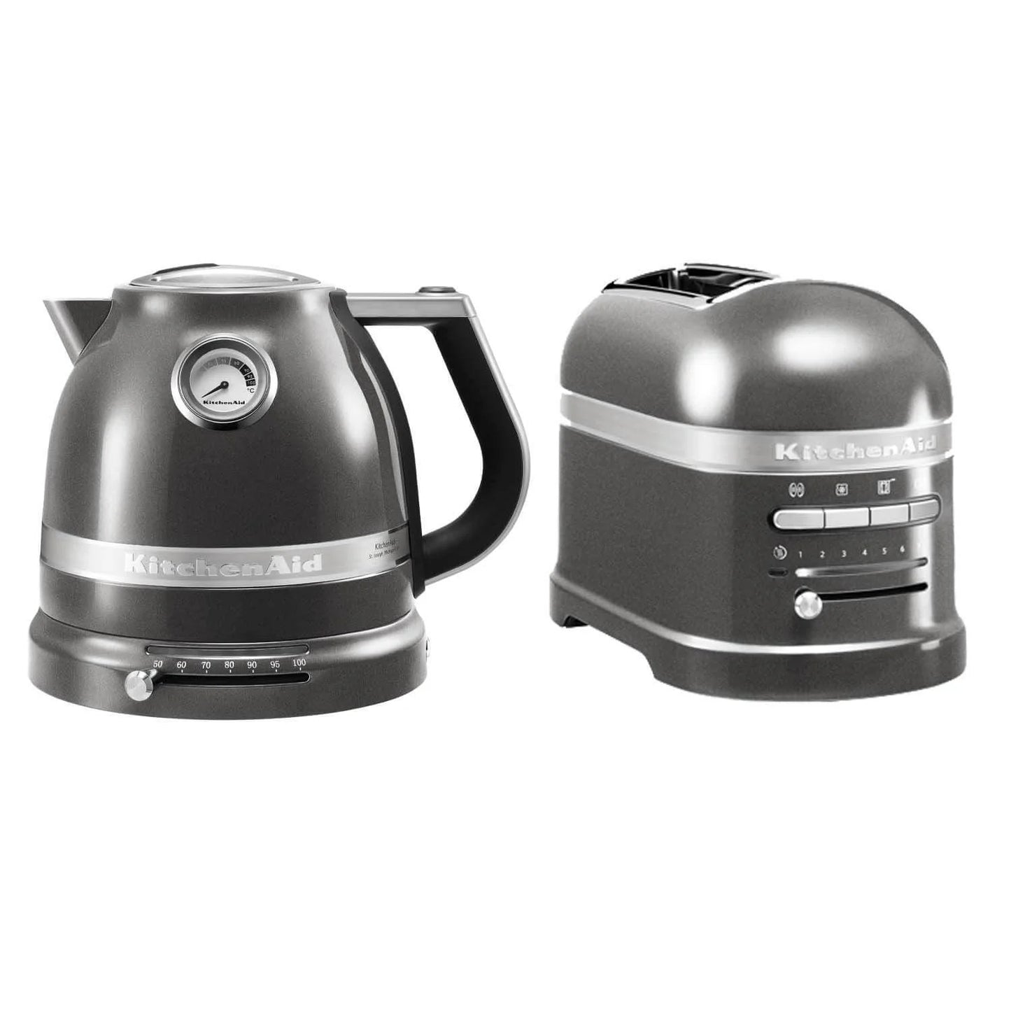 Gray KitchenAid kettle and toaster on a white background