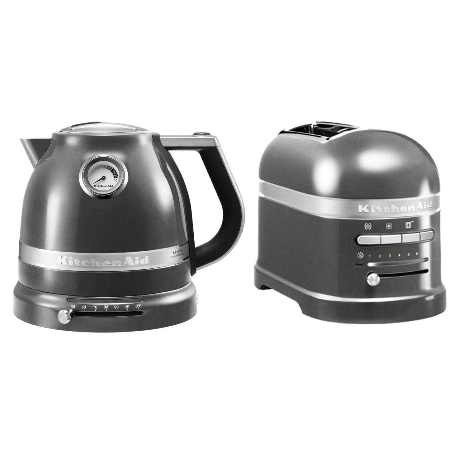 Gray KitchenAid kettle and toaster on a white background