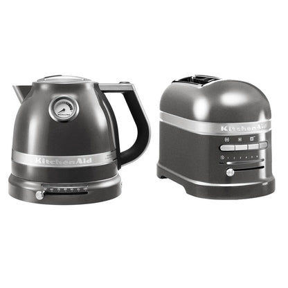 Gray KitchenAid kettle and toaster on a white background