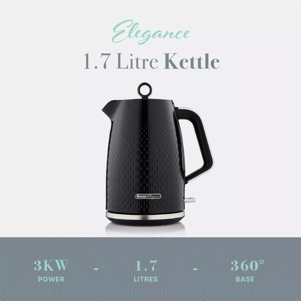 Swan Elegance Jug Kettle, 4 Slice Toaster & Microwave Kitchen Set (Black)