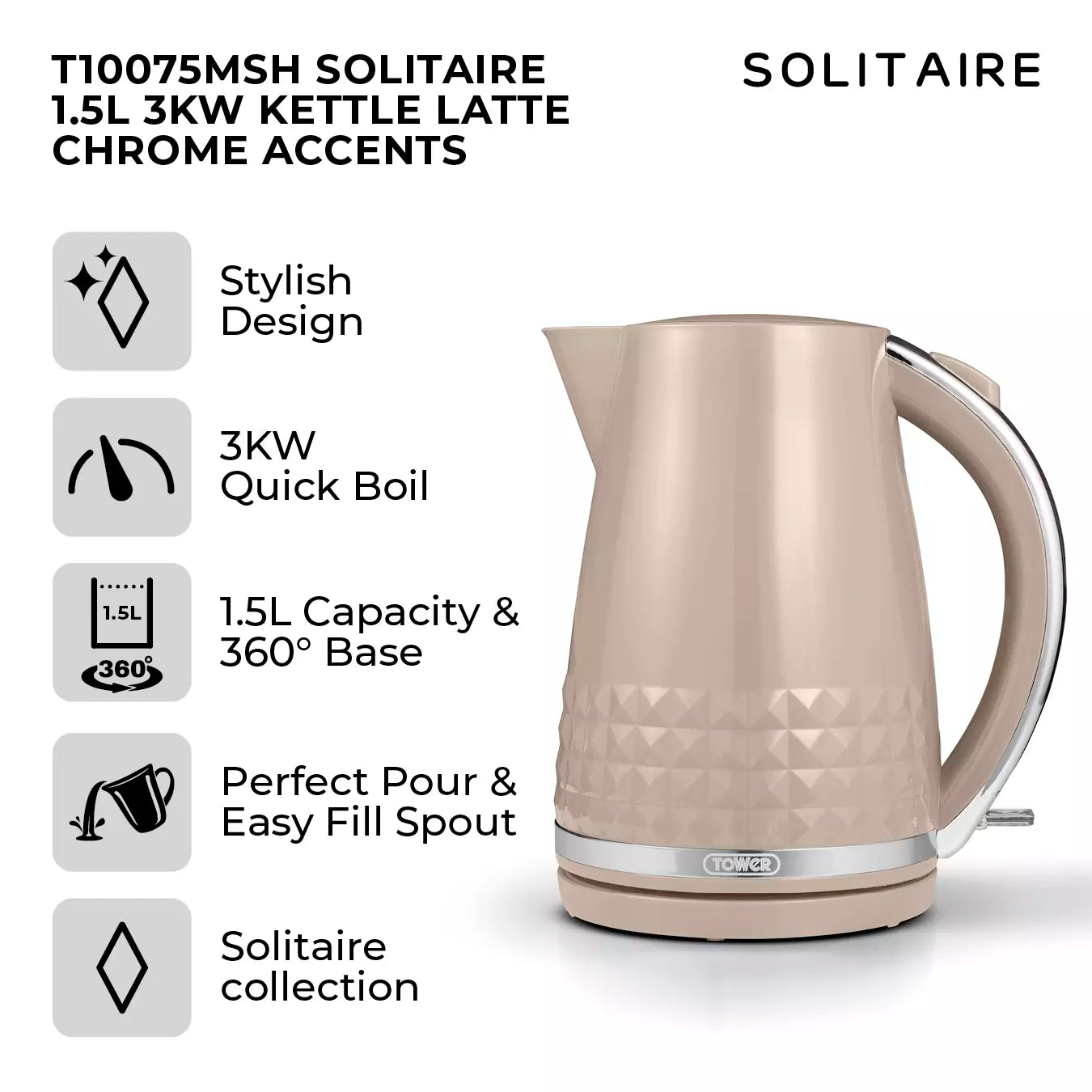 Tower Tower Solitaire Kettle & 2 Slice Toaster Kitchen Set (Latte)