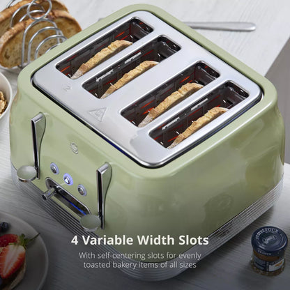 Swan Swan Retro Pyramid Kettle, 4 Slice Toaster, Bread Bin & Canisters Kitchen Set (Green)