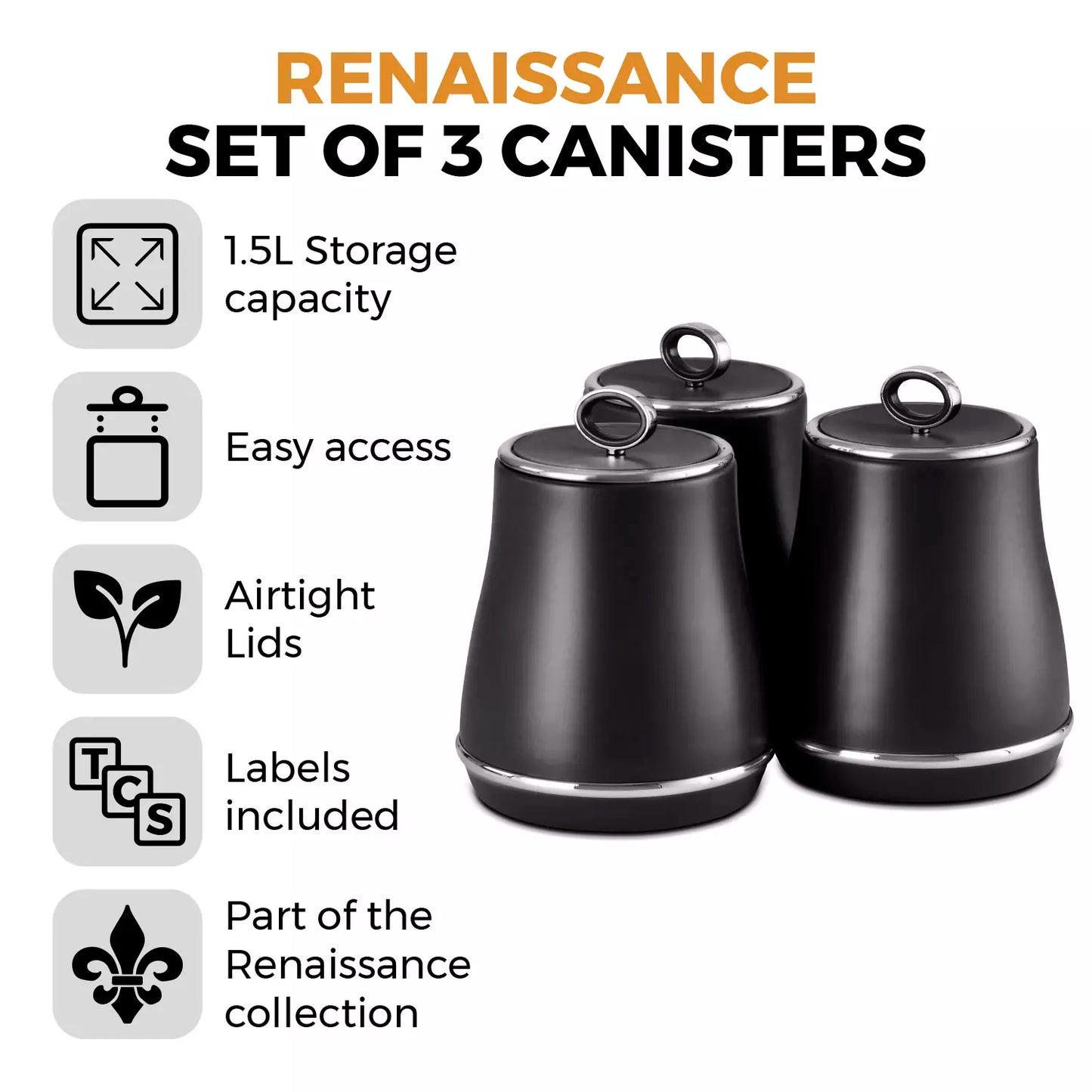 Tower Tower Renaissance Bread Bin & Canisters Kitchen Storage Set (Black)