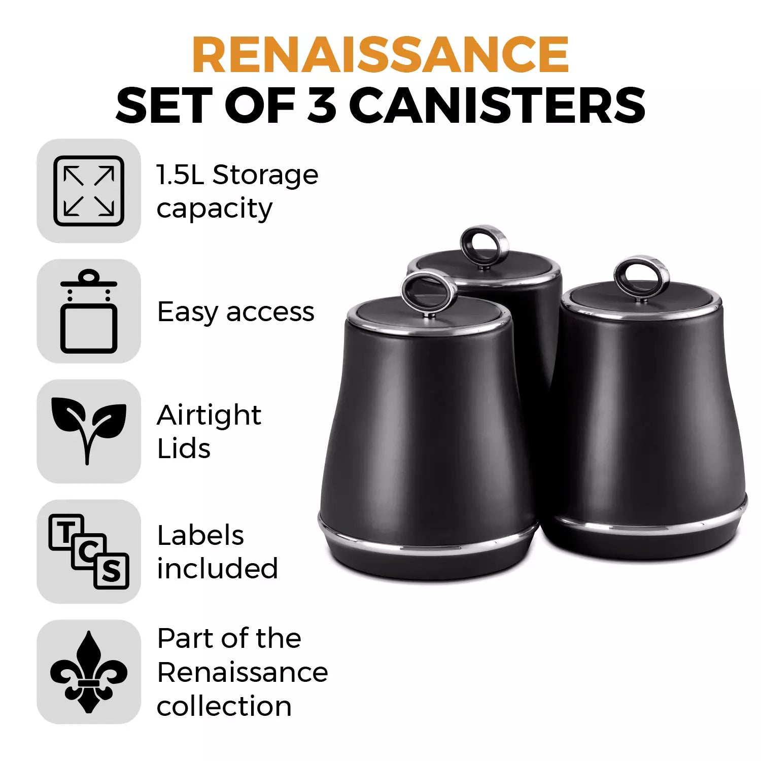 Tower Tower Renaissance Bread Bin & Canisters Kitchen Storage Set (Black)