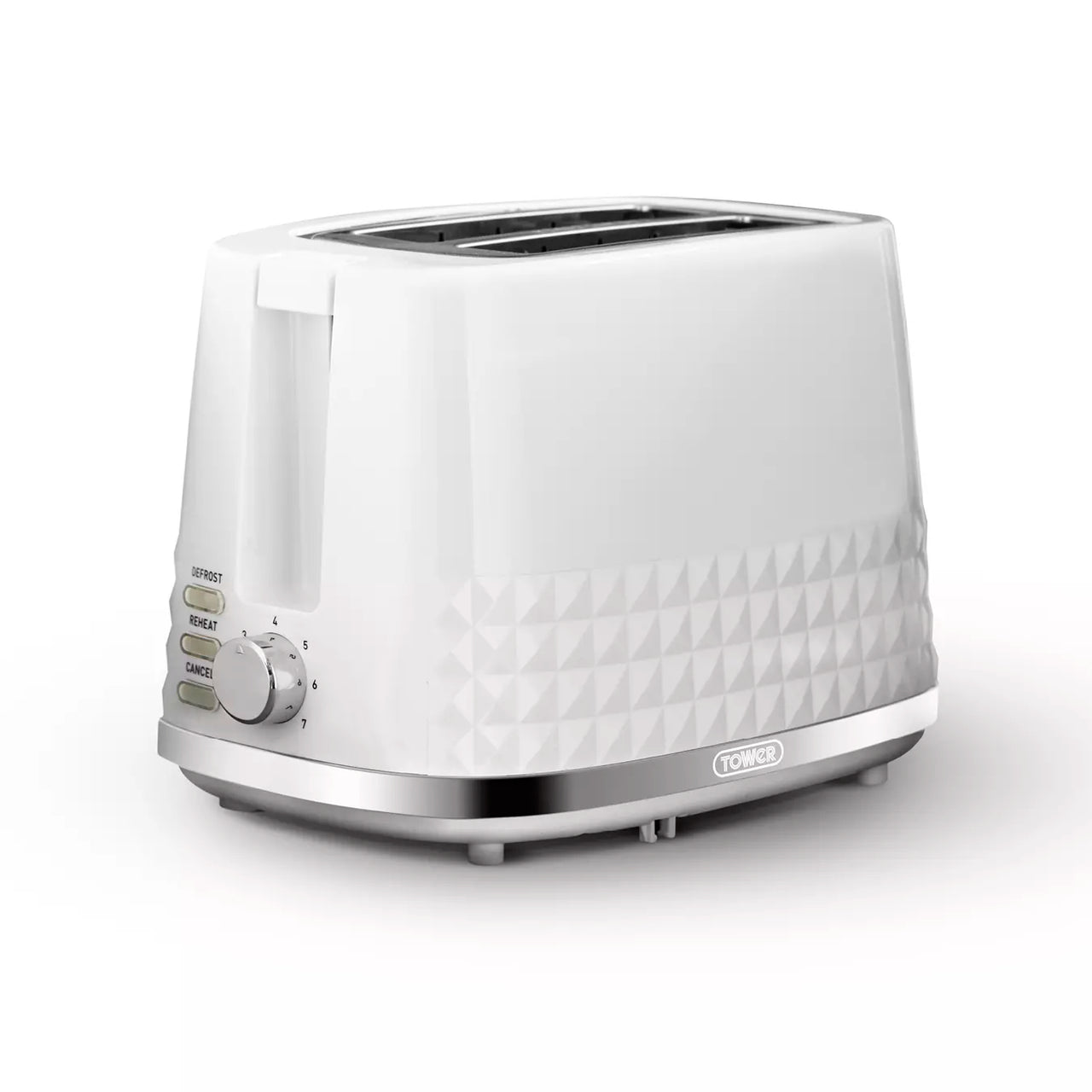 White 2-slice toaster with textured panel and chrome control knobs