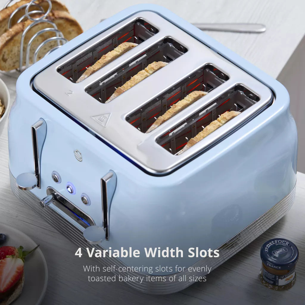Light blue retro 4-slice toaster with four toasting slots showing bread