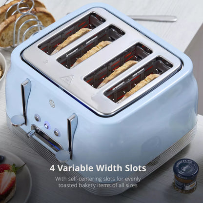Light blue retro 4-slice toaster with four toasting slots showing bread