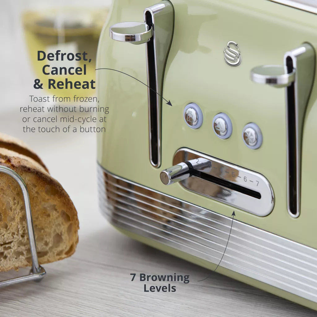 Swan Swan Retro Pyramid Kettle, 4 Slice Toaster, Bread Bin & Canisters Kitchen Set (Green)