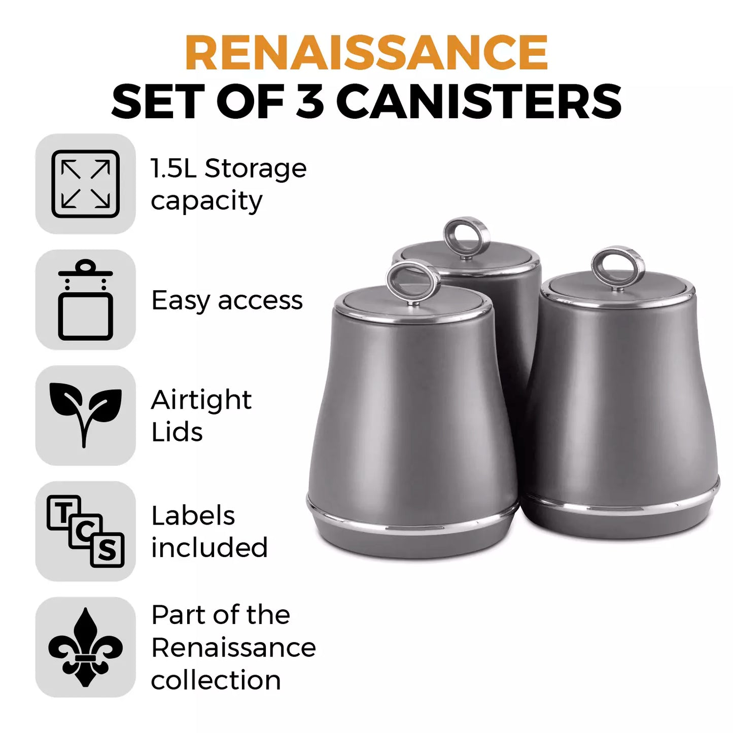Tower Tower Renaissance Kettle, 4 Slice Toaster, Bread Bin & Canisters Kitchen Set (Grey)
