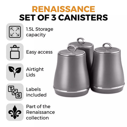 Tower Tower Renaissance Kettle, 4 Slice Toaster, Bread Bin & Canisters Kitchen Set (Grey)