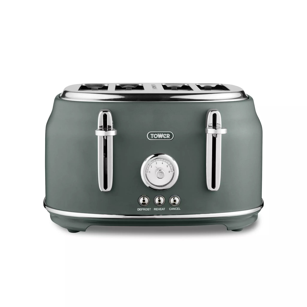 Forest green 4-slice toaster with chrome accents, lever slots, and control dial