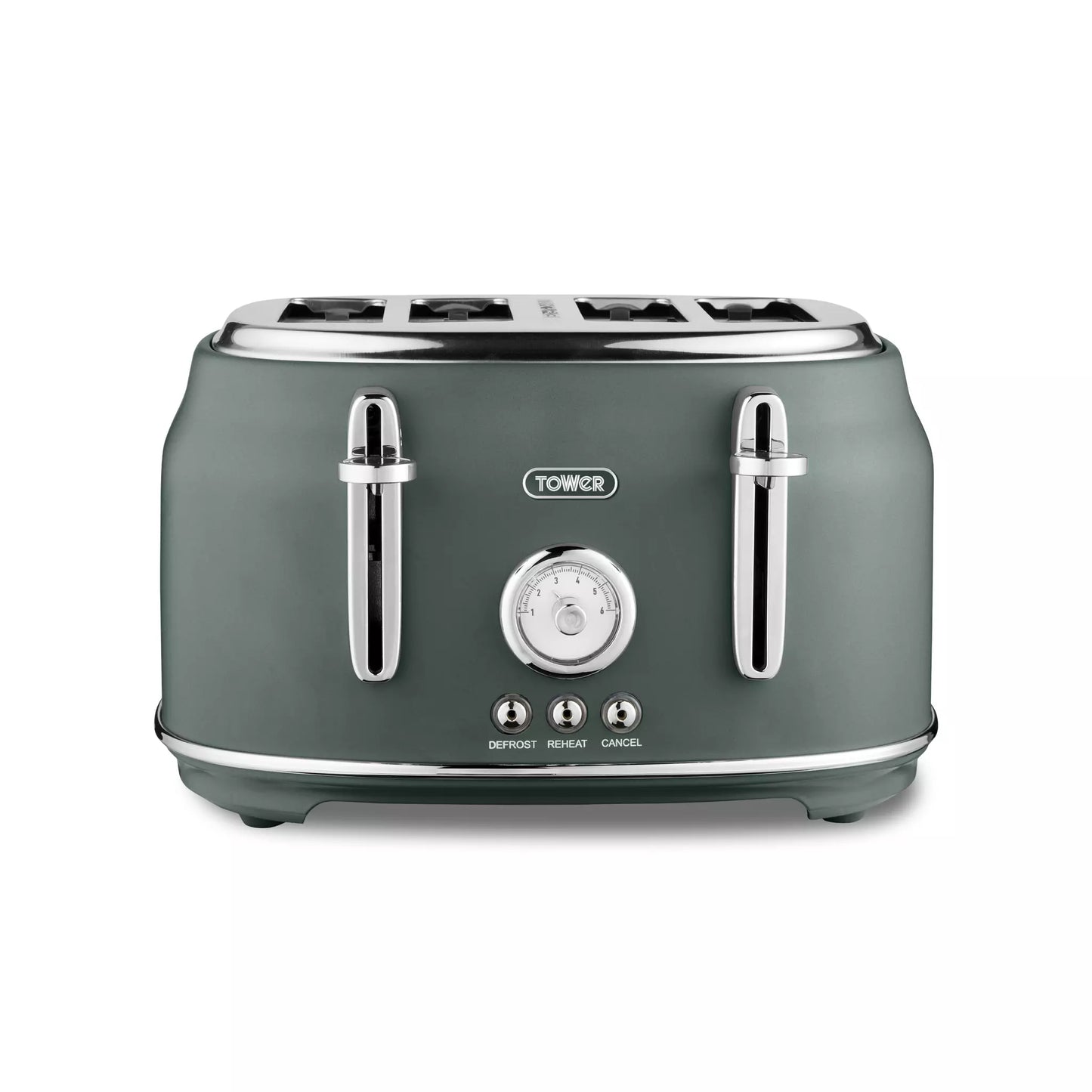 Forest green 4-slice toaster with chrome accents, lever slots, and control dial