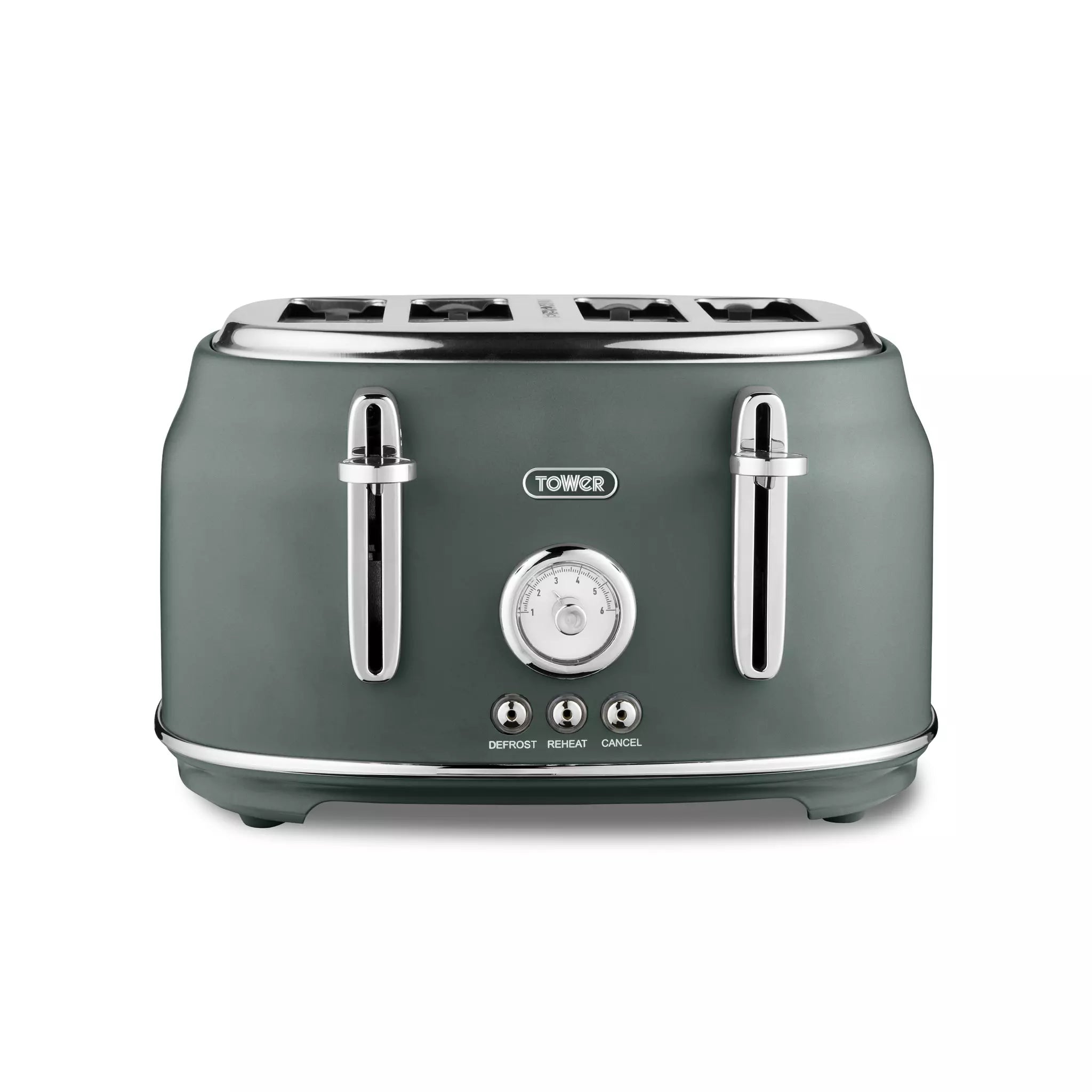 Forest green 4-slice toaster with chrome accents, lever slots, and control dial