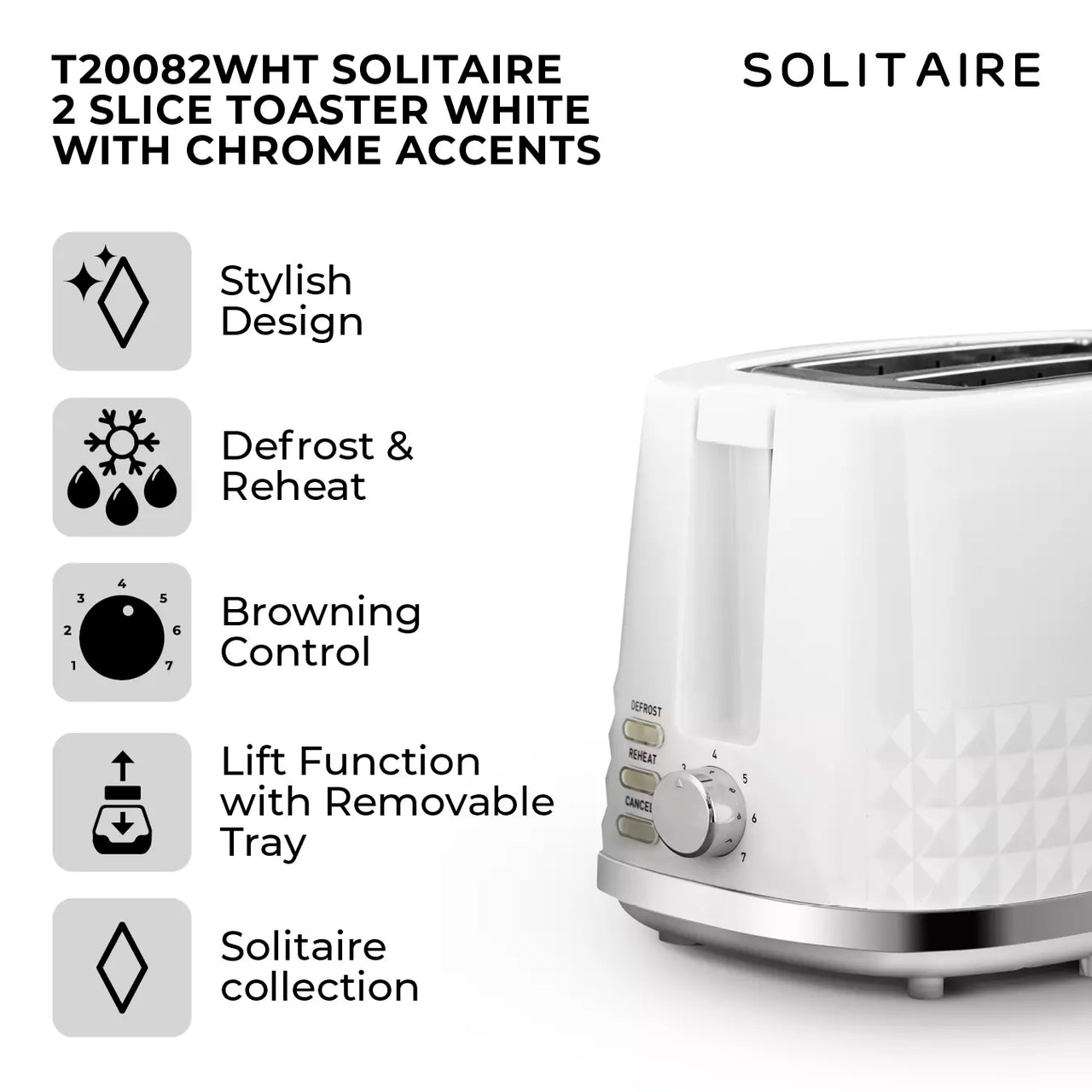 White 2-slice toaster with chrome accents and top warming slots