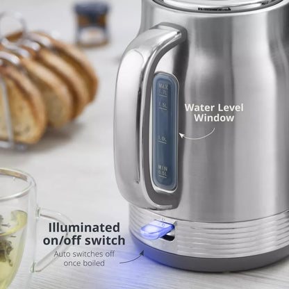 Stainless steel jug kettle with illuminated on/off switch and water level window