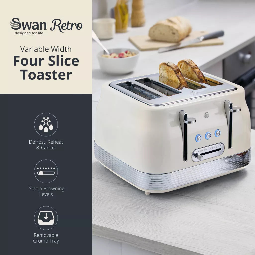 Swan Swan Retro Pyramid Kettle & 4 Slice Toaster Kitchen Set (Chantilly Cream)