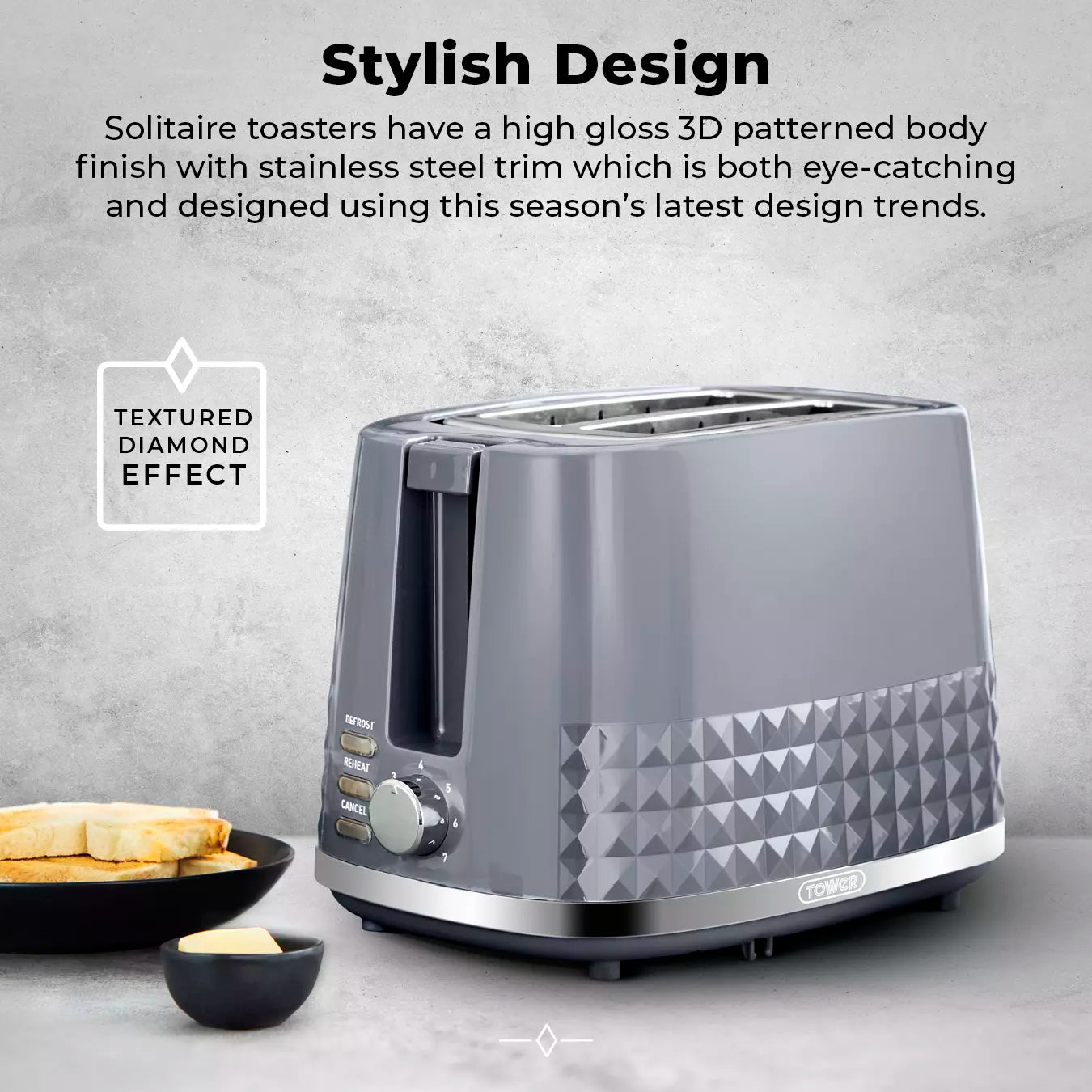 Tower (Amazon) Tower Solitaire Jug Kettle & 2 Slice Toaster Kitchen Set (Grey)