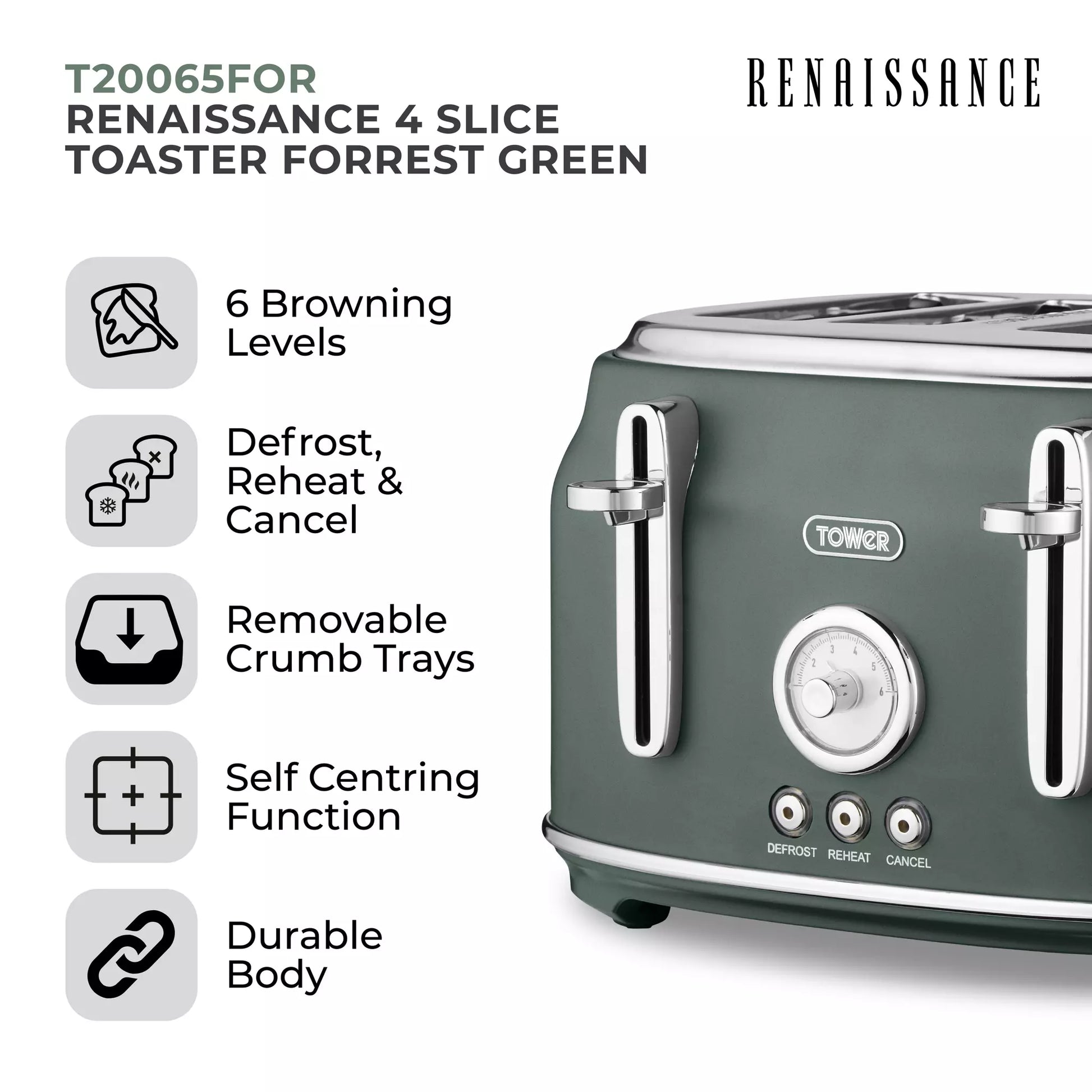 Tower Tower Renaissance Kettle, 4 Slice Toaster, Bread Bin & Canisters Kitchen Set (Forest Green)