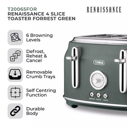 Tower Tower Renaissance Kettle, 4 Slice Toaster, Bread Bin & Canisters Kitchen Set (Forest Green)