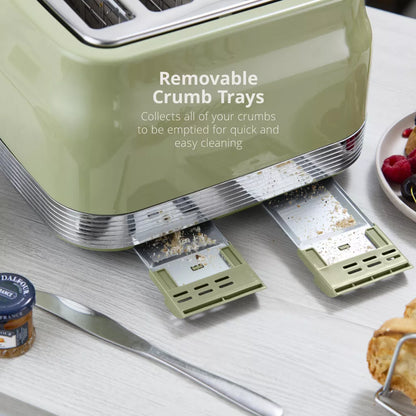 Swan Swan Retro Pyramid Kettle, 4 Slice Toaster, Bread Bin & Canisters Kitchen Set (Green)