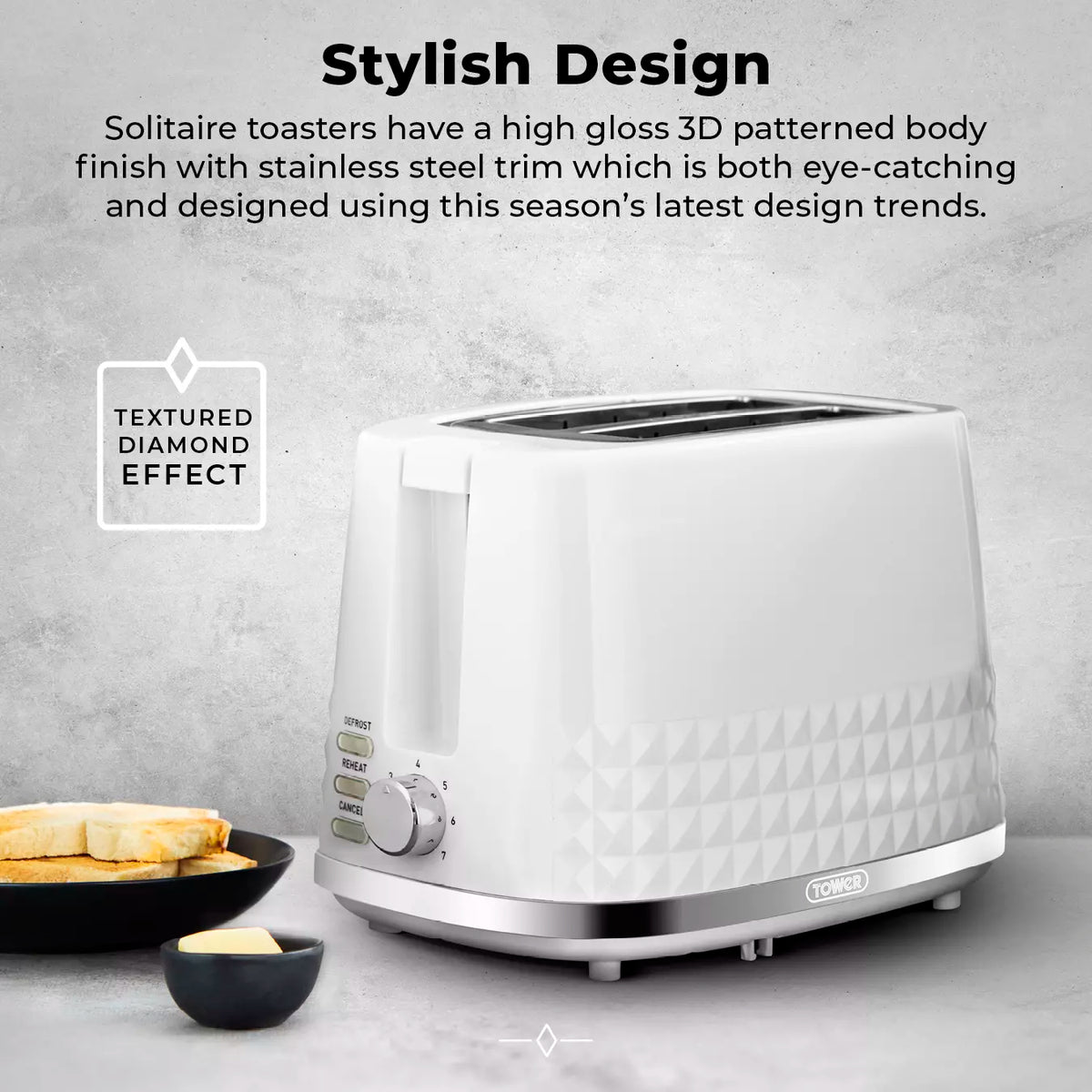 Tower Tower Solitaire Kettle, 2 Slice Toaster, Bread Bin & Canisters Kitchen Set (White)
