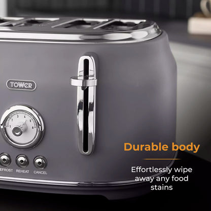 Tower Tower Renaissance Kettle, 4 Slice Toaster, Bread Bin & Canisters Kitchen Set (Grey)
