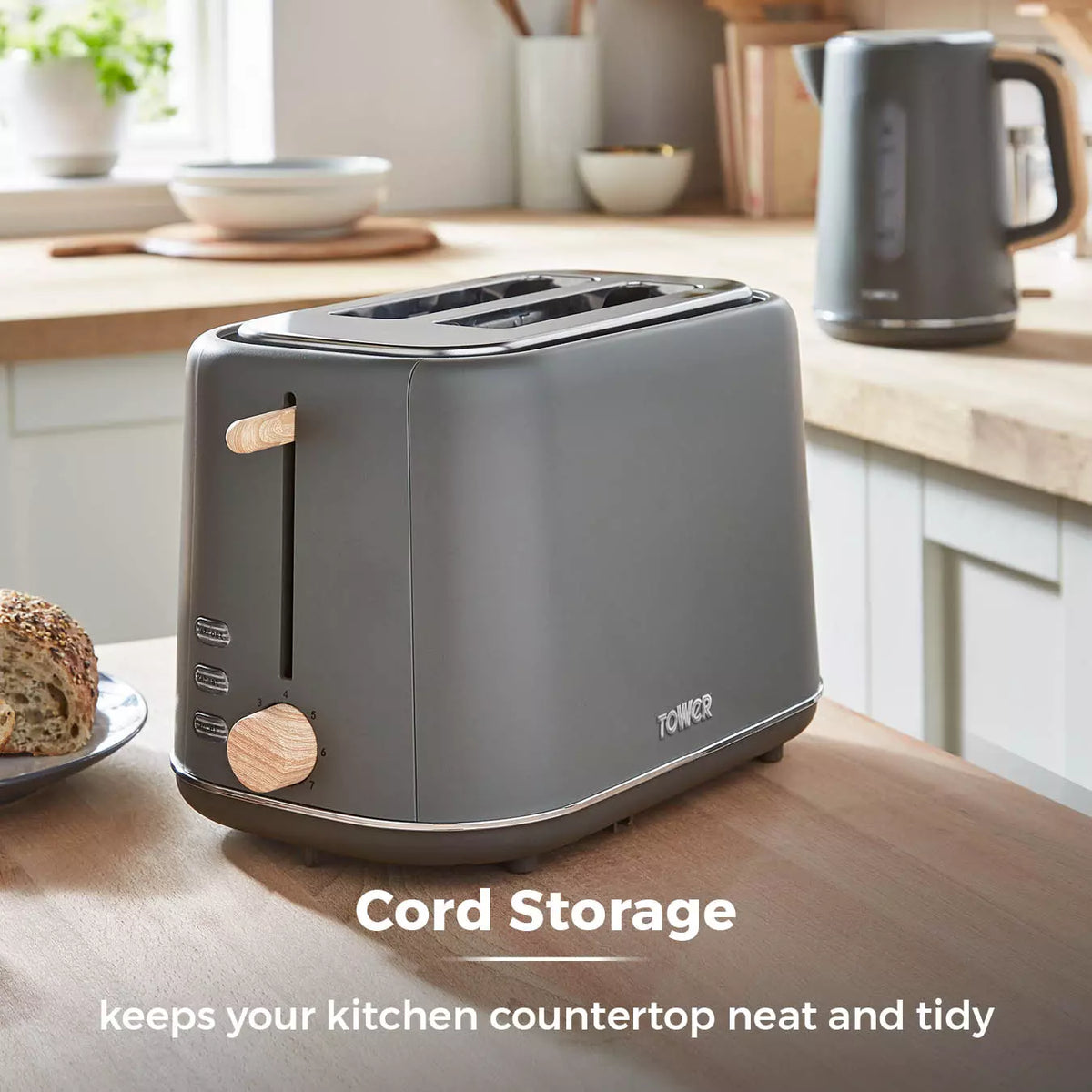 Tower Tower Scandi Kettle & 2 Slice Toaster Kitchen Set (Dark Grey)
