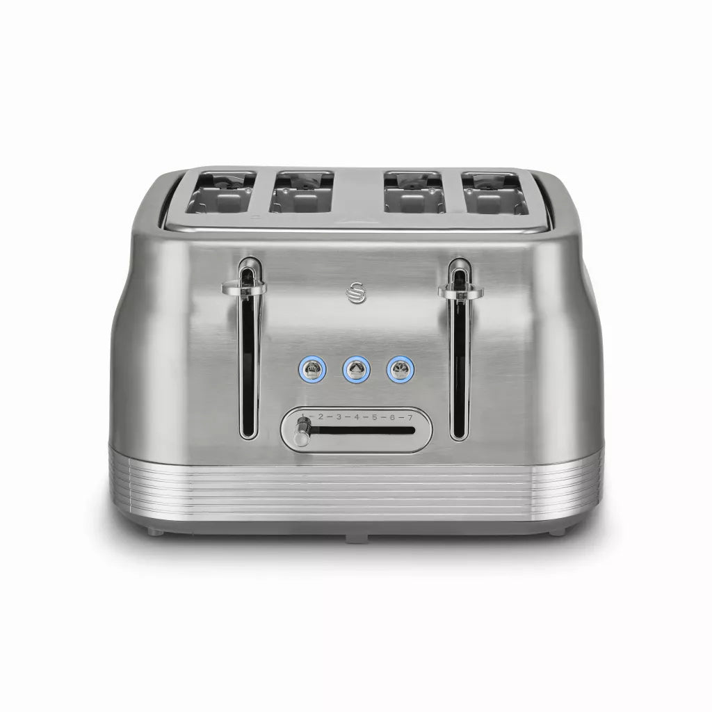 Stainless steel retro 4-slice toaster with four wide slots and control panel