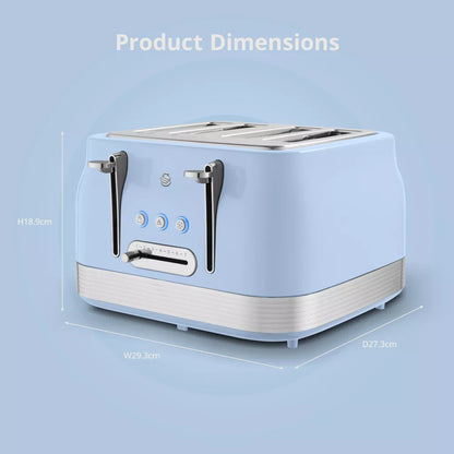 Light blue retro 4-slice toaster shown with product dimension guide