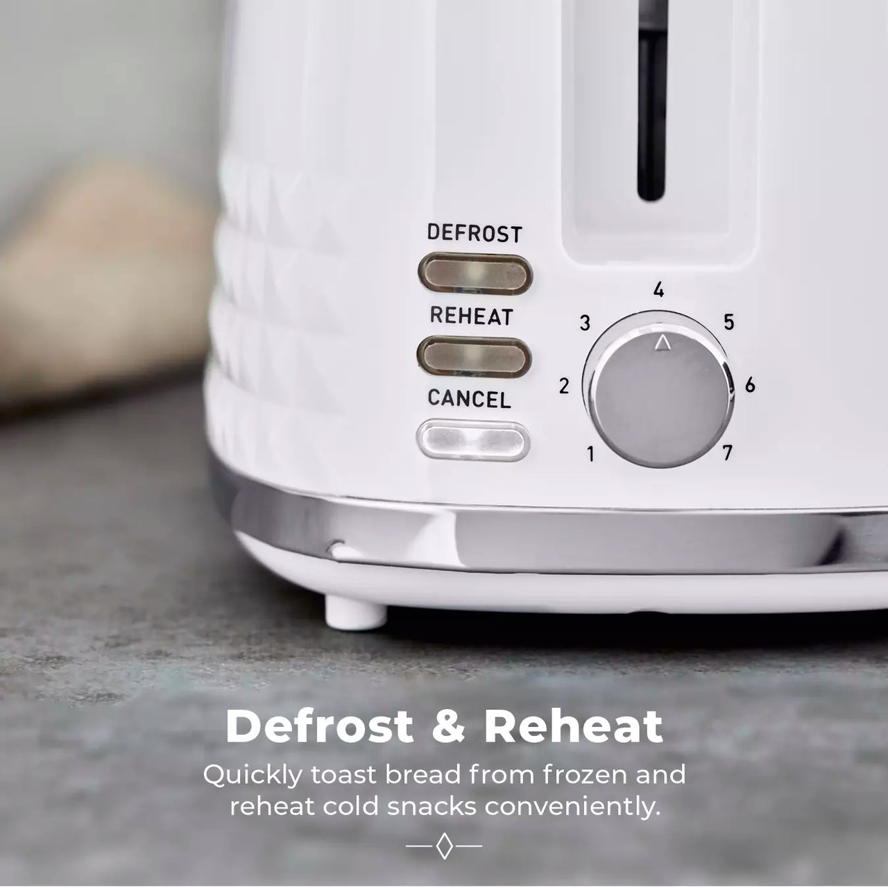 Close-up of white 2-slice toaster control buttons and browning dial